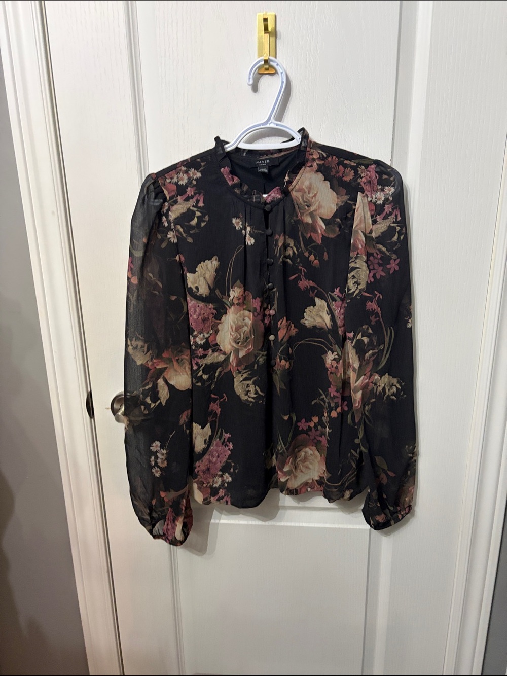 Floral Tie-Neck Blouse in Black with Pink & Cream Blooms